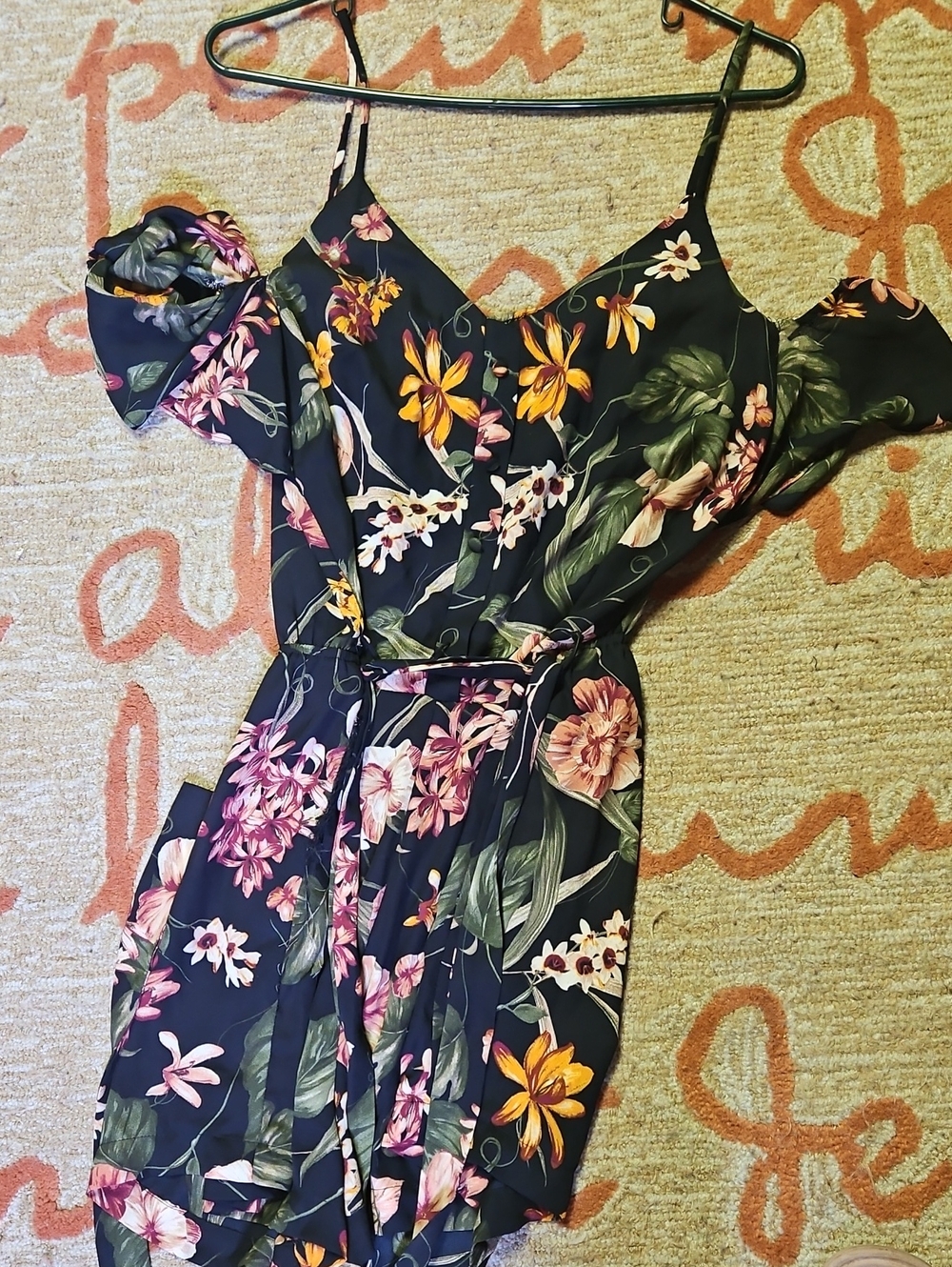 Off-Shoulder Floral Navy One-Shoulder Dress with Tie Waist